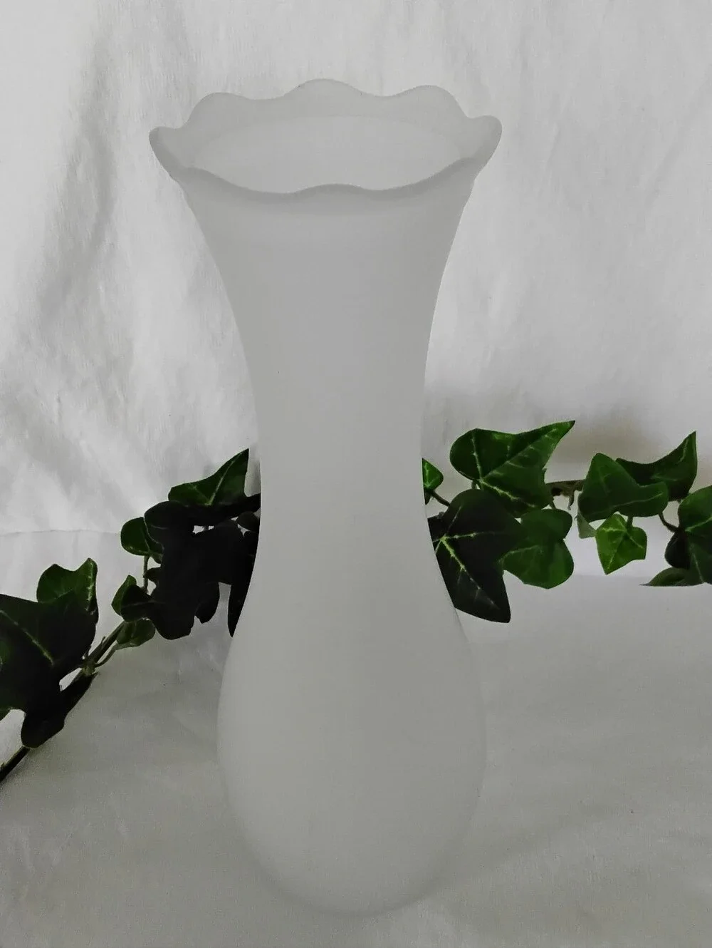 White Frosted Satin Glass Scalloped Rim Bud Vase